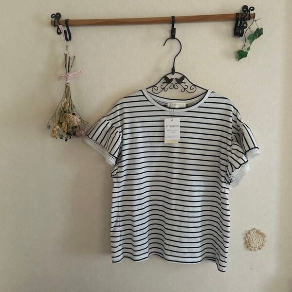 grove グローブ 半袖Tシャツ Mサイズ フリルTシャツ 試着のみ タグ付き ワールド ストライプ ボーダー