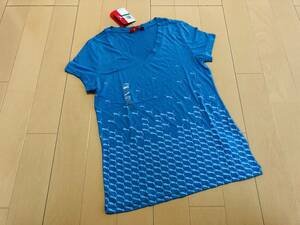 ●○ 新品 PUMA プーマ ロゴマーク プーマキャット VネックTシャツ L 青緑色 ターコイズブルー ○●