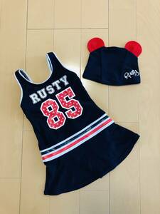 ●○ RUSTY ラスティ 水着 キャップ セット ワンピースタイプ ニコちゃん チアガール チアリーダー 110 ネイビー ○●