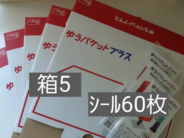 ゆうパケットプラス専用箱×5、ゆうパケットポストシール60枚、ヘアゴム1本