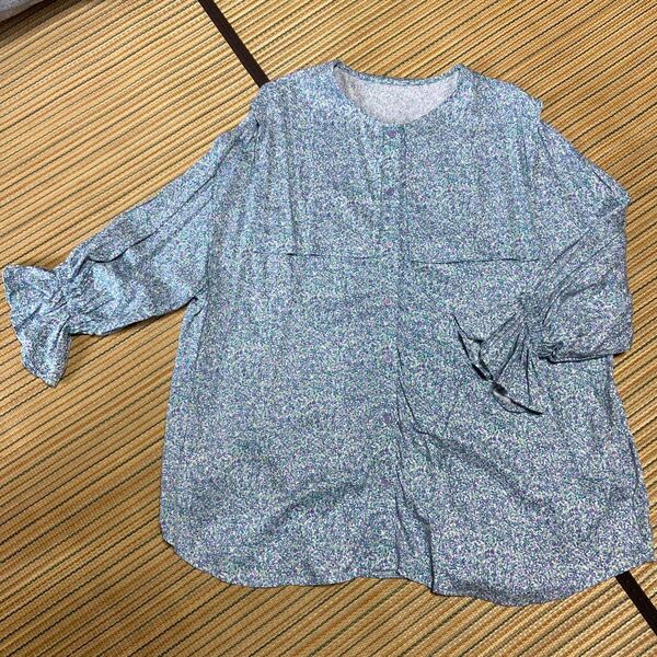 ブラウス 小花柄 七分袖 ブルー系