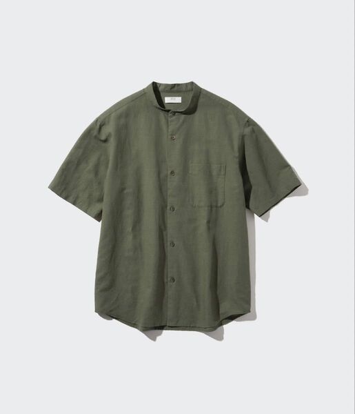 ユニクロ コットンリネンスタンドカラーシャツ オリーブ M
