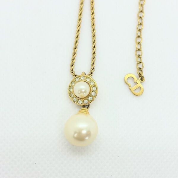 Dior ディオール ゴールドチェーンネックレス ラインストーン パール付き アクセサリー necklace