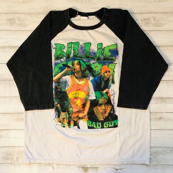 ビリーアイリッシュ L ラグラン プリントTシャツ ホワイト×ブラック