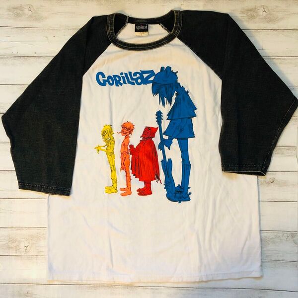 ゴリラズ GORILLAZ L ラグラン バンドTシャツ ロックTシャツ ホワイト×ブラック