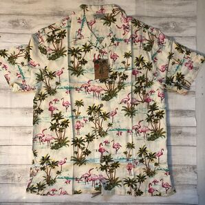 タグ付き新品 未使用 L フラミンゴ柄 ヤシの木柄 ハワイアンシャツ アロハシャツ ホワイト