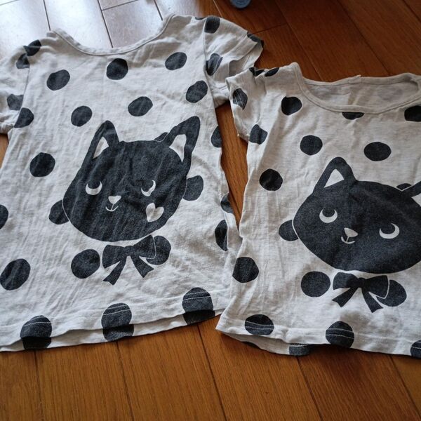 黒猫デザイン 水玉Tシャツ 90と110 二枚セット トップス 女の子 カットソー