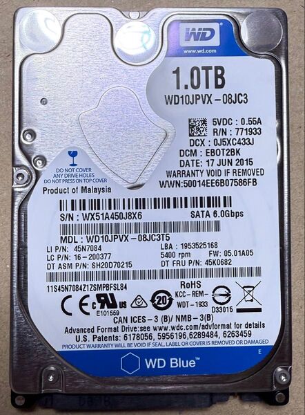 WD WD10JPVX-08JC3T5 2.5インチHDD 1TB 使用時間22674時間