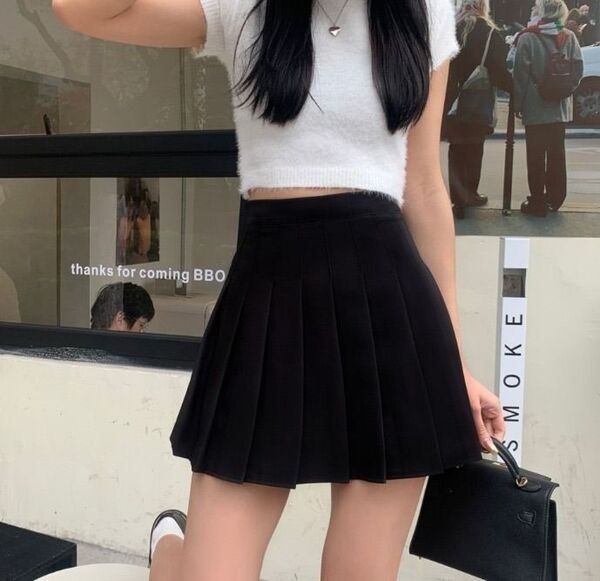 【トレンド】韓国風 制服 ミニスカート 黒 Lサイズ カジュアル スポーティ