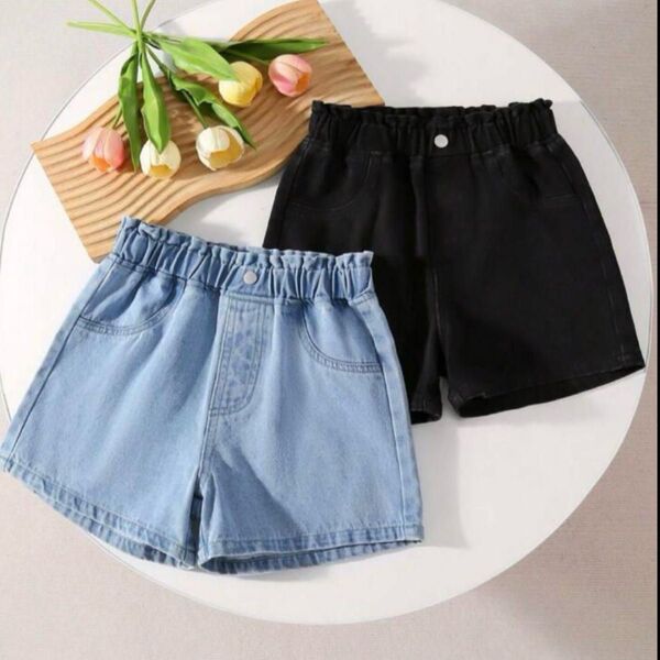 130 140 デニムショートパンツ 短パン 2枚セット まとめ 黒 ブラック 女の子 ガールズ キッズ ショートパンツ