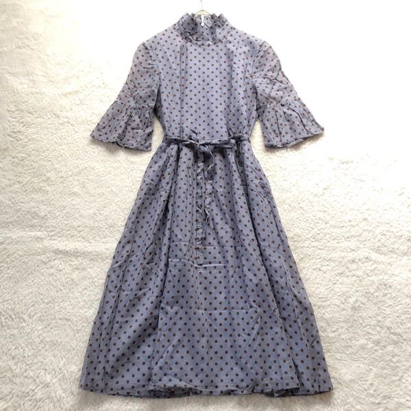 【anttis】ハイネック 五分袖 コットン ロングワンピース (40) ドット柄 裏地あり レトロ風/004-A