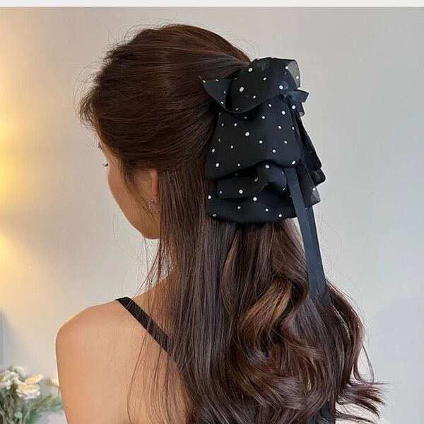 残りわずか ブラック キラキラ リボン ヘアクリップ ヘアアクセサリー 発表会 結婚式 パーティー
