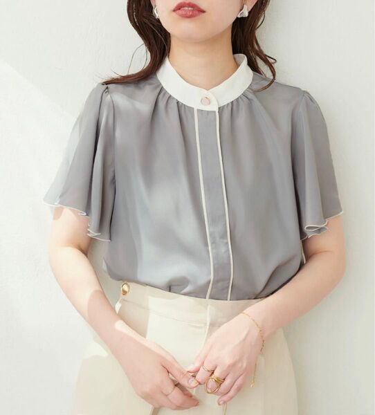 natural couture デザイン配色フレアブラウス 半袖ブラウス