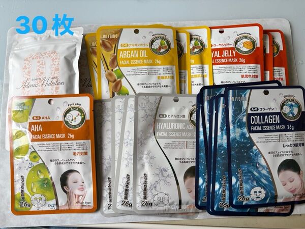 ミトモ フェイスパック コラーゲン、ヒアルロン酸、AHA、ローヤルゼリー、アルガンオイル、女神アルテミス 合計30枚