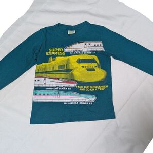 はやぶさ、こまち、かがやき、ドクターイエローの新幹線プリント長袖Tシャツ110cm
