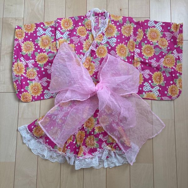 甚平 女の子 花柄 甚平風 着物ドレスセット 120 帯付き