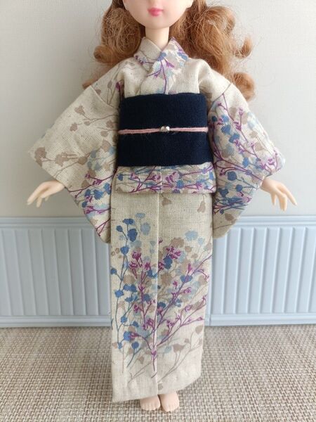 ハンドメイド着物 浴衣 ベージュにかすみ草 22センチドール リカちゃん 2点セット