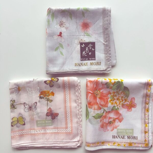 HANAE MORI モリハナエ ハンカチ 3枚セット 大判 花柄 蝶々柄 桜柄