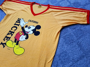 良好 ~80s USA製 VervaSheen MICKEYMOUSE ミッキーマウス Tシャツ california 黄 赤 XL 袖三本ライン アメリカ製 ビンテージ