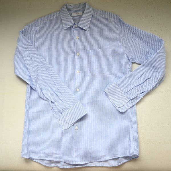 【クリーニング済】梅雨対策 ユニクロ プレミアム リネン シャツ 長袖 メンズ L 送料無料 青 ★ UNIQLO 無印良品 MUJI