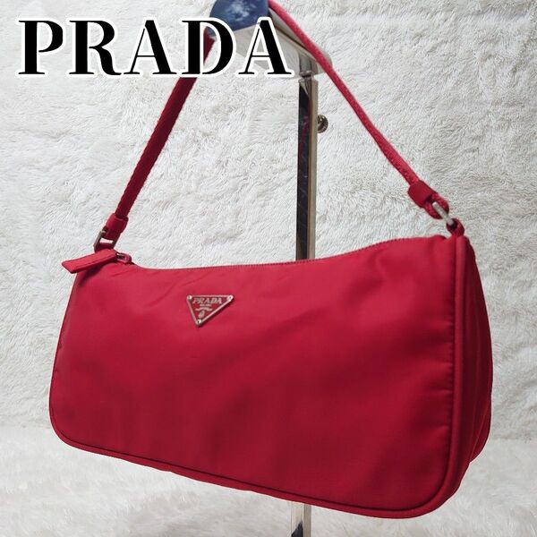 【大人気】 PRADA プラダ アクセサリーポーチ ミニ ハンドバッグ ナイロン 白タグ 腕掛け 三角ロゴプレート