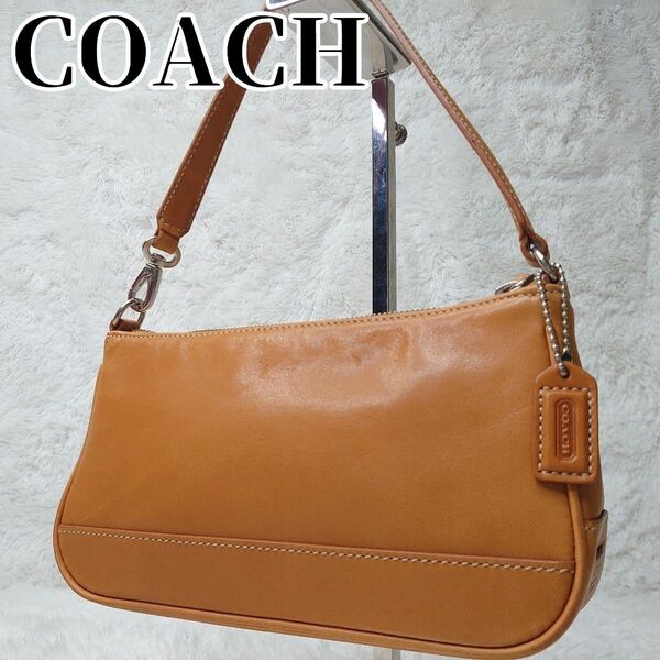 【美品】COACH コーチ アクセサリーポーチ ワンショルダーバッグ ミニハンドバッグ レザー キャメル 7785
