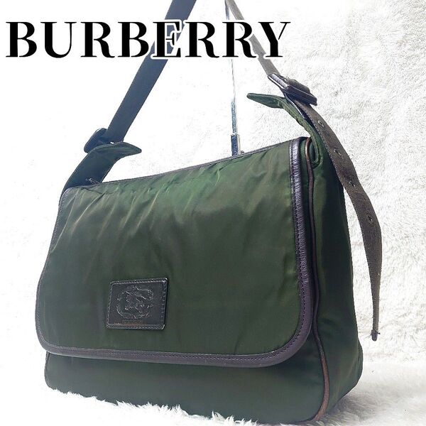 【希少】BURBERRY バーバリー メッセンジャーバッグ ショルダーバッグ ナイロン ホースロゴ ロゴテープ カーキ グリーン