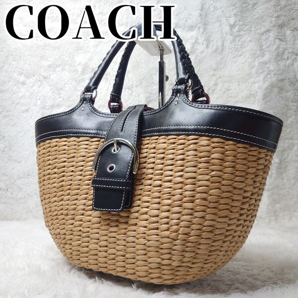 COACH かごバッグ ハンドバッグ ストロー素材 ソーホー金具 レザー 自立 トートバッグ バスケット