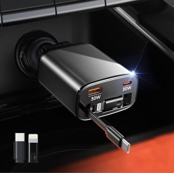 新品 充電器 車 巻き取り式充電ケーブル Type C 急速充電器 USB シガーソケット USB Lightning 3台同時