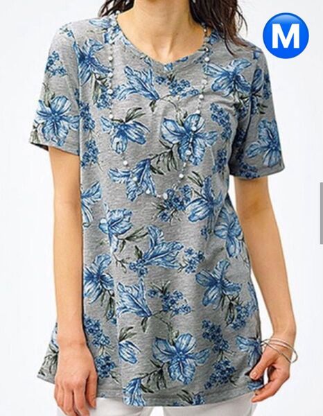 【新品タグ付】レディーストップス カットソーVネック 半袖チュニック 花柄Tシャツ M