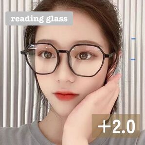 老眼鏡 リーディンググラス +2.0 シニアグラス 多角 大きめレンズ 黒縁