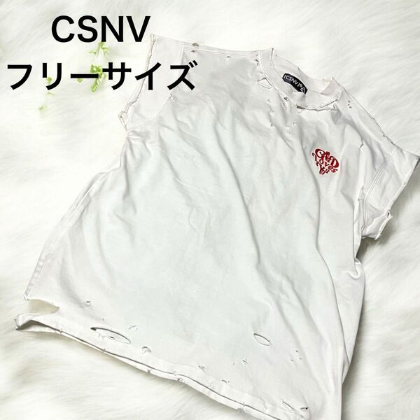 CSNV ノースリーブ Tシャツ ダメージ加工 ホワイト フリーサイズ 半袖 ハート コットン100% ロゴ バックプリント