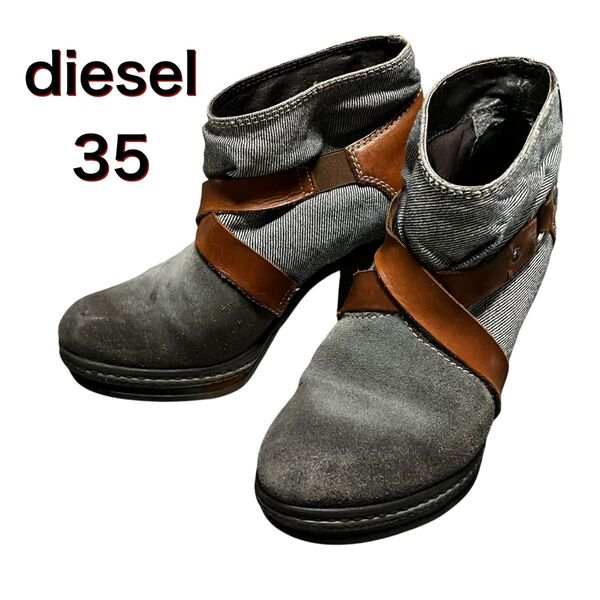 diesel ショートブーツ デニム レザー グレー ハイヒール 35 22.5 ブーツ ディーゼル ブルー ブーティ 23
