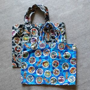 妖怪ウォッチ ハンドメイド トートバッグ、レッスンバック、スクールバック青と黒色2個セット
