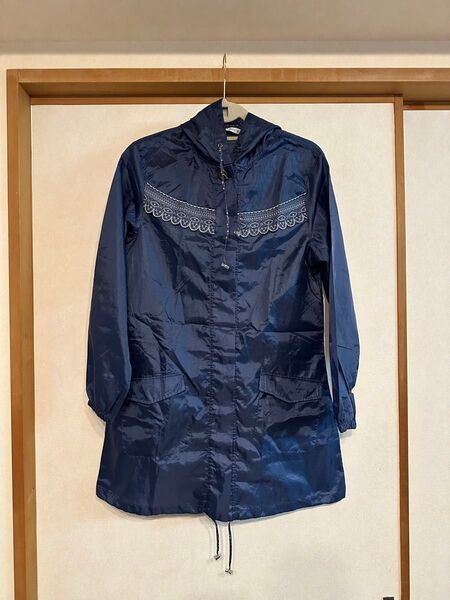 【美品】レインコート 袋付き 小花柄 レース ネイビー フリーサイズ お値下げ予定なし