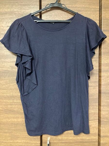 Tシャツ 半袖 ネイビー 無地 ユニクロ UNIQLO フリルスリーブT M