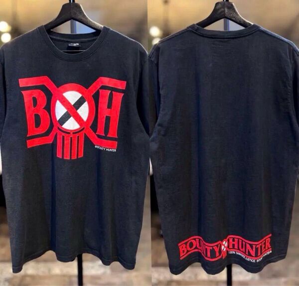 BOUNTY HUNTER バウンティーハンター 両面プリント B×H スカルロゴ 半袖カットソーTシャツ黒赤sizeLパンク裏原