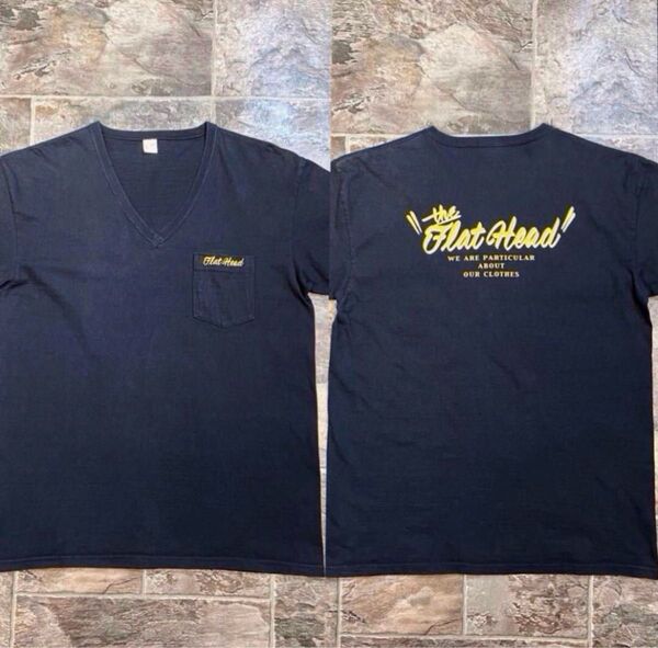 【美品】THE FLAT HEADフラットヘッド 度詰め 丸胴 胸ポケ 厚手 Vネック ロゴTシャツ黒size42(XL)アメカジ