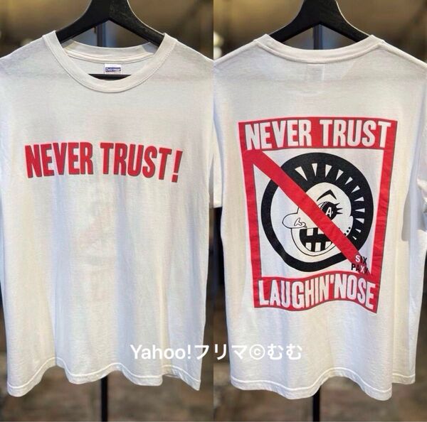 【新品同様】LAUGHIN' NOSE ラフィンノーズ「NEVER TRURST」バンドTシャツ白sizeMパンクロックジャパコア
