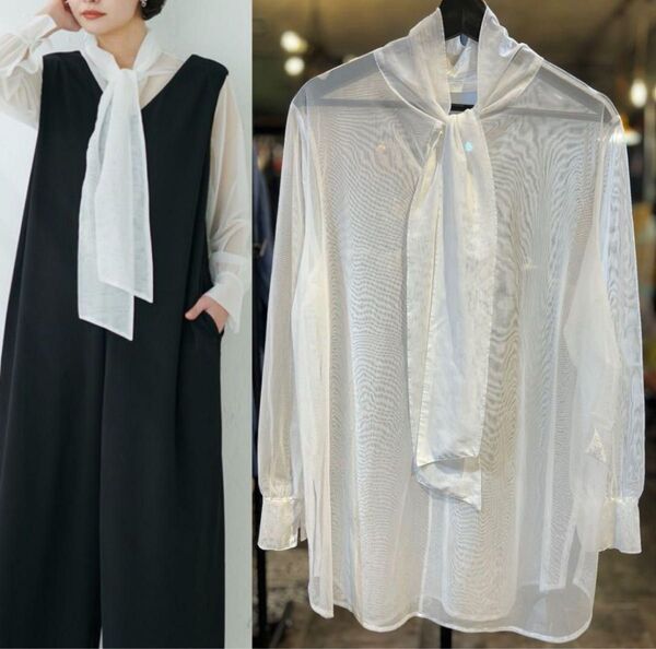 【新品同様】COLLAGE GALLARDAGALANTE コラージュ 透け感シアー 長袖ボウタイブラウス リボンシャツ白FREE