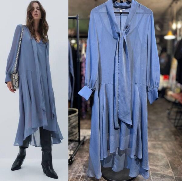 【新品同様】H&M キャミソール付き リボンタイ透け感シアードロップショルダーバルーン袖 ロング丈ドレスワンピースSオーバーサイズ