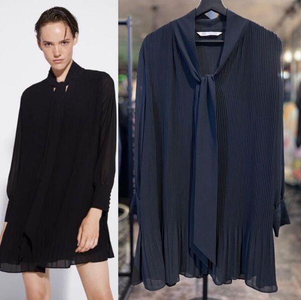 【新品同様】ZARA ザラ ボウタイ透け感シアー ルーズフィット ドレス プリーツ フレア ミニワンピース チュニック黒sizeM