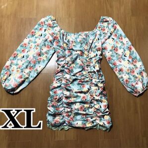 美品 ワンピース ミニ 長袖 レディース XL サイズ ワンピース 長袖 花柄 ミニ