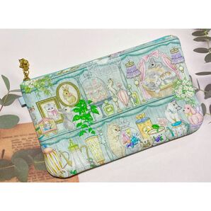 ☆ハンドメイド☆ yukiemon キャビネット ミント ふんわり フラットポーチ【L】