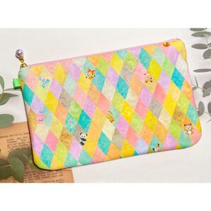 ☆ハンドメイド☆ yukiemon ラビリンス カラフル ふんわり フラットポーチ【L】