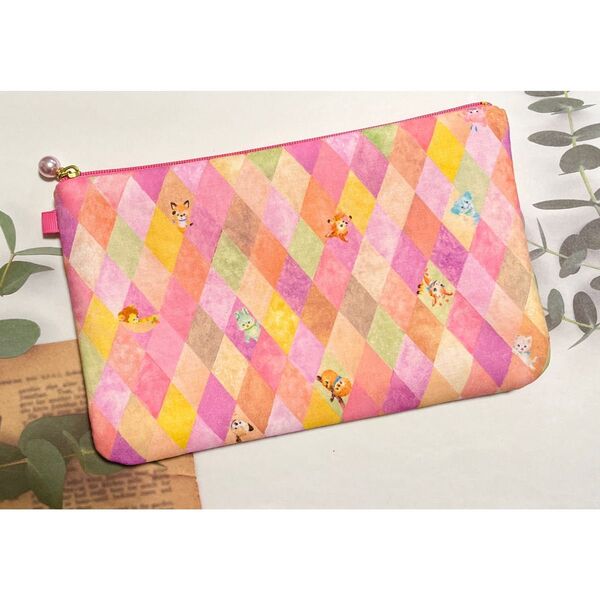 ☆ハンドメイド☆ yukiemon ラビリンス ピンク ふんわり フラットポーチ【L】