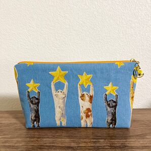 ☆ハンドメイド☆ 星 月 猫 ネコ 水色 ふんわり ちょこっと 台形 ポーチ 【M】