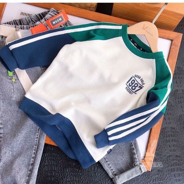 キッズ 長袖Tシャツ 110 オフホワイト ネイビー グリーン ライン ロゴ 1987 おしゃれ