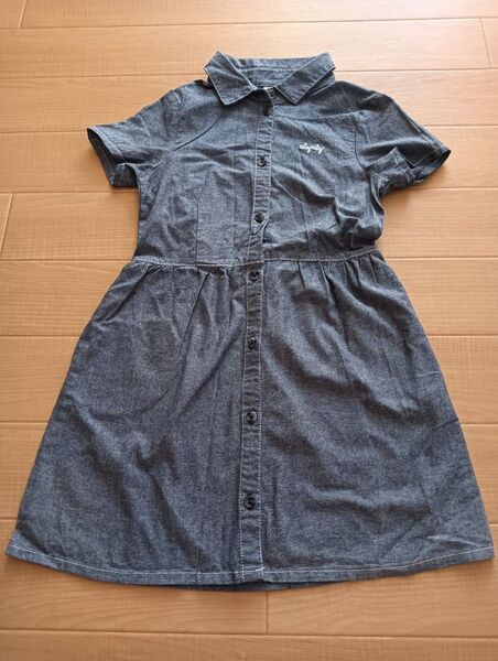 美品 女の子 キッズ デニム風 ボタン 半袖 ワンピース 綿100% 130