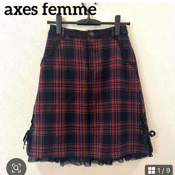 axes femme アクシーズファム サイドリボン 赤チェック スカート